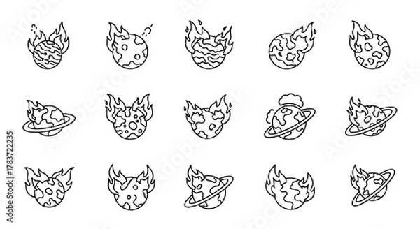 Fototapeta Collection of outline icons depicting planets on fire, symbolizing global warming, environmental crisis, or celestial events. This vector bundle features various stylized planets engulfed in flames