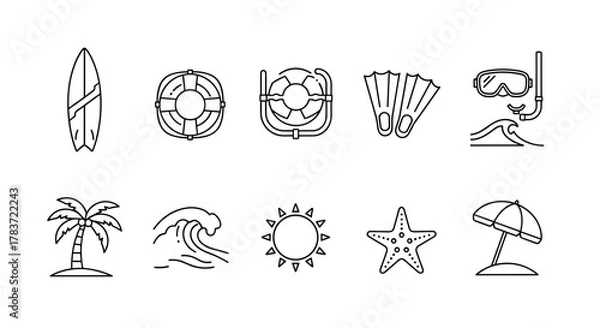 Fototapeta Minimalistic linear pictogram icon pack for web and graphic design, featuring a surfboard, lifeline, diving mask, palm tree, waves, sun, starfish, and beach umbrella, perfect for apps, banners