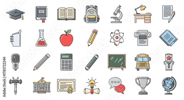 Fototapeta Vibrant and diverse collection of school and university line icons, featuring graduation caps, books, backpacks, microscopes, apples, pencils, and more, perfect for educational infographics