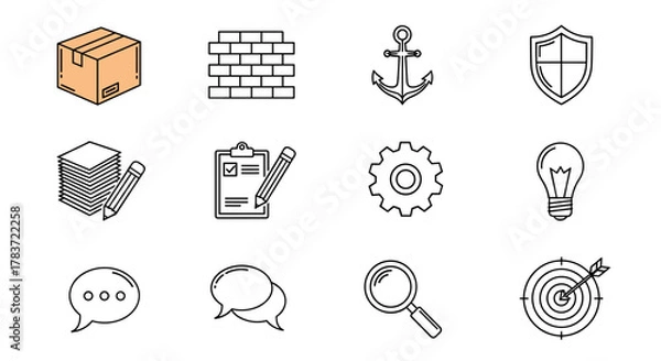 Fototapeta A collection of twelve modern line icons representing various concepts including a cardboard box, brick wall, anchor, shield, stack of papers with a pencil, checklist with a pencil, gear, lightbulb