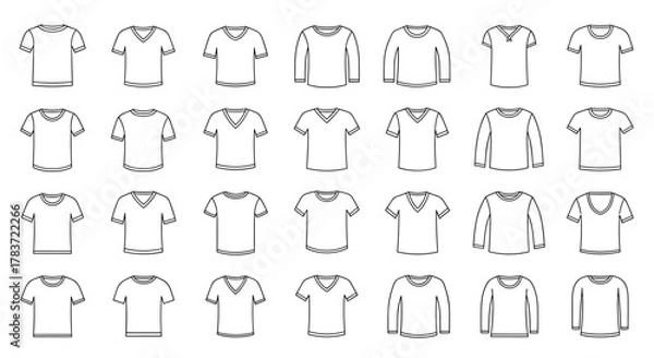 Fototapeta Collection of simple linear outline t-shirt icons, featuring various necklines like crew neck and V-neck, as well as short and long sleeves, presented on a clean white background, ideal for web