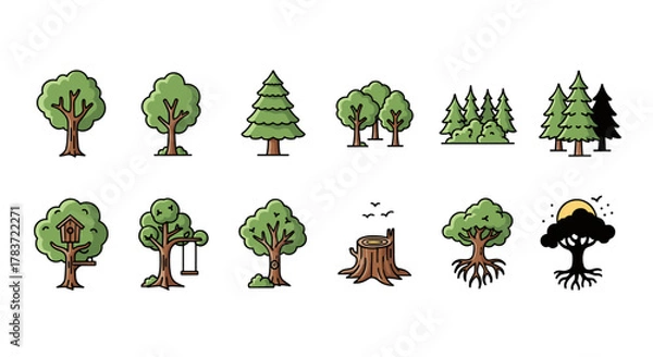 Fototapeta Collection of stylized cartoon tree icons, featuring diverse types like deciduous, coniferous, and whimsical designs with a birdhouse and swing, set against a clean white background, perfect for