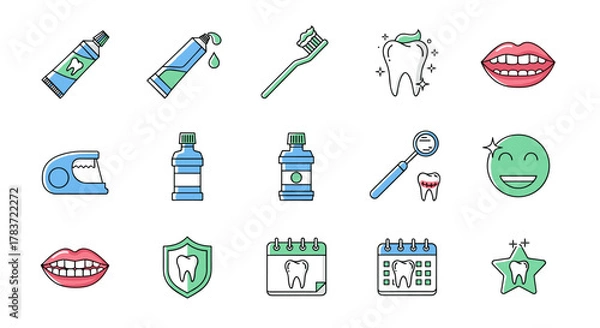 Fototapeta A collection of minimalistic linear vector cartoon illustrations depicting dental hygiene and care, including toothpaste tubes, toothbrushes, mouthwash, dental tools, healthy teeth, smiling mouths