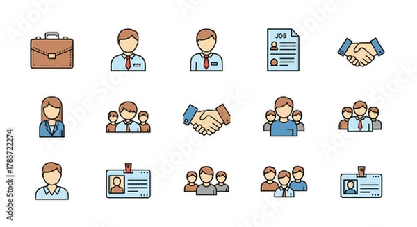 Fototapeta Vibrant and diverse set of flat line icons representing various aspects of work, employment, and company staff, including a briefcase, individual employees, teams, a job application document, and ID