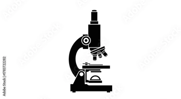 Fototapeta Black silhouette of a laboratory microscope, a scientific instrument used for viewing magnified images of small objects, presented as a clean vector graphic icon, perfect for educational materials
