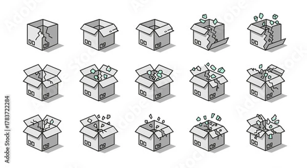 Fototapeta Set of 15 isometric thin line icons representing a cardboard box in various stages of being broken, shattered, and falling apart, with some pieces flying out, suitable for graphic design, apps, and