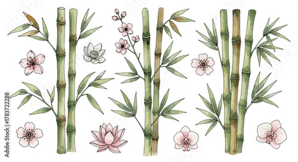 Fototapeta Watercolor painted bamboo stalks with delicate hand-drawn cherry blossoms, lotus flowers, and orchids, isolated on a clean white background, creating a serene and elegant natural composition, perfect