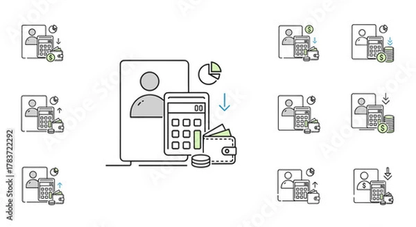 Fototapeta Minimalistic line icons depicting financial management and user interaction, featuring calculators, wallets, coins, and charts, suitable for web, graphic design, apps, banners, social networks, and