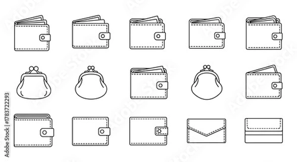 Fototapeta Collection of outline wallet and purse icons, editable stroke, perfect for infographics, articles, books, flyers, banners, vector cartoon illustration, money storage, financial symbols, and personal