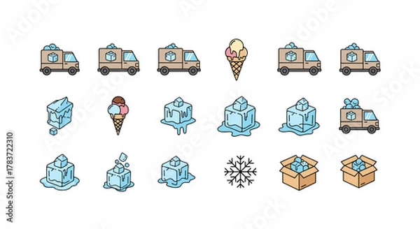 Fototapeta Collection of minimalistic thin line icons representing ice cubes, melting ice, ice cream cones, a snowflake, and delivery vans filled with ice, perfect for web, graphic design, apps, banners, social