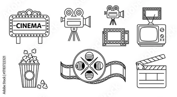 Fototapeta Cinema icon set featuring a movie sign, vintage camera, film reel, popcorn, clapperboard, and television, representing the world of film and entertainment. This collection of graphic resources is