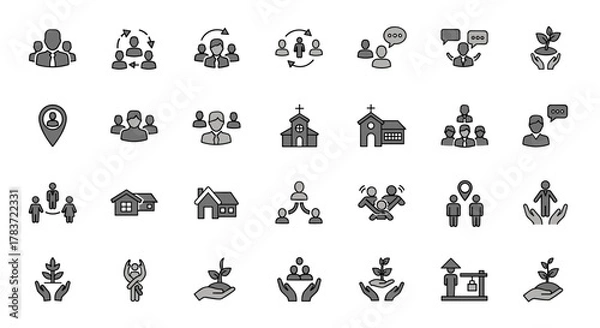 Fototapeta Vibrant community icon set featuring diverse representations of people, friendship, social connections, village life, relationships, support systems, and community development, presented in a clean