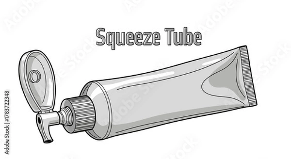 Fototapeta A clean, minimalist illustration of a silver squeeze tube with its cap open, showcasing its ribbed nozzle and textured end, perfect for representing personal care, cosmetics, or pharmaceutical