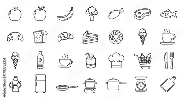 Fototapeta A comprehensive collection of thin line style vector icons representing a wide variety of food and drink items, including fresh fruits like apples and bananas, vegetables such as broccoli, baked