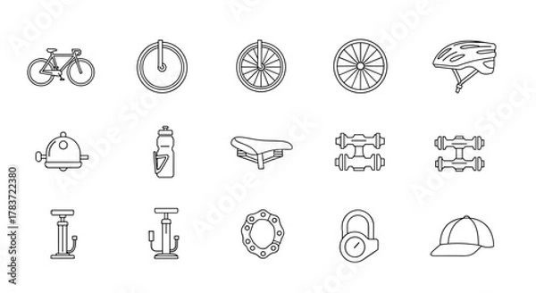 Fototapeta Collection of modern and editable bicycle icons isolated on a white background, featuring a bicycle, helmet, wheels, water bottle, saddle, pedals, chain, lock, bell, air pumps, and cap, presented as