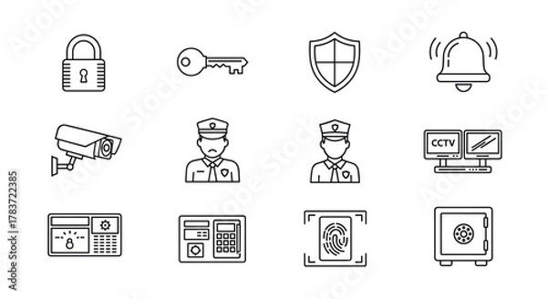 Fototapeta Collection of simple line vector icons representing security and surveillance concepts, including a padlock, key, shield, alarm bell, CCTV camera, security guard, surveillance monitors, access