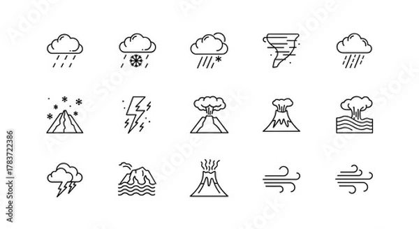 Fototapeta A minimalist icon set showcasing various weather phenomena and natural disasters, including rain, snow, tornado, earthquake, flood, volcano, and wind, presented in a clean, modern line art design for