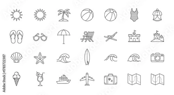 Fototapeta Collection of minimalist thin line web icons representing summer vacation and beach elements, including sun, palm tree, beach ball, swimsuit, flip-flops, sunglasses, umbrella, deck chair, sandcastle