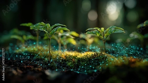 Obraz Young plant growing in the forest with digital network connection, representing the concept of growth and technology