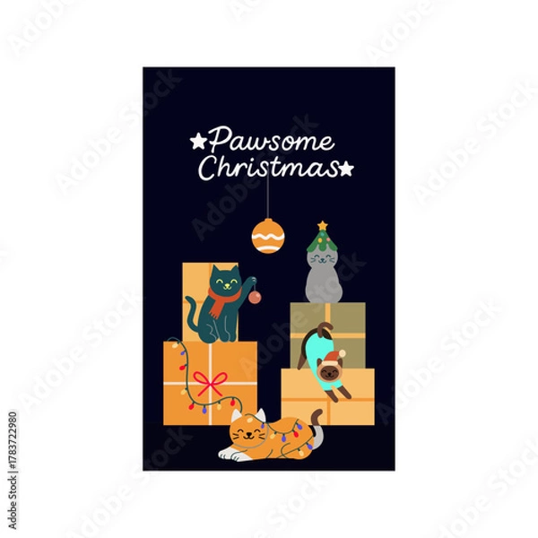 Obraz Whimsical Christmas-themed illustrations of  cats and kitten celebrating with gifts and a decorated tree. Festive, playful, and perfect for holiday greeting cards and seasonal designs.