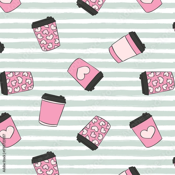 Fototapeta Coffee cups with hearts pattern. Doodle background for kitchen textile, fabric, paper. Sketch style hand drawn illustration. Cute take away cups. Hot cup of drink for breakfast 