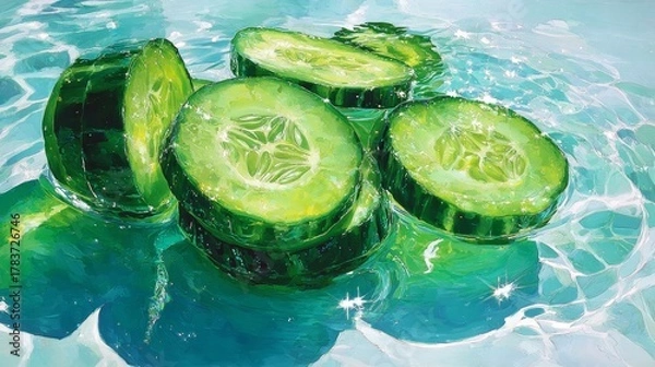 Fototapeta Cucumber slices. Fresh cucumber slices floating in refreshing water, perfect for food photography, health-related themes, and cool summer aesthetics.