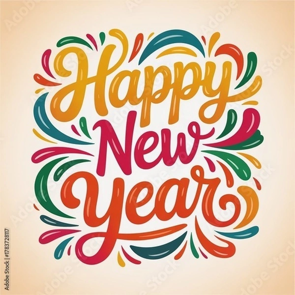 Fototapeta Vibrant and colorful hand drawn lettering for happy new year celebration with decorative flourishes