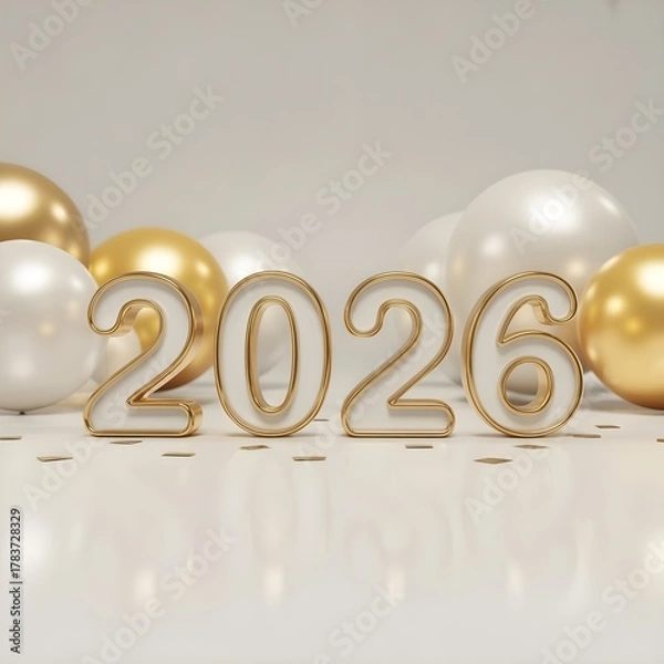 Obraz Shiny metallic 2026 numbers with festive balloons and confetti for new year s celebration