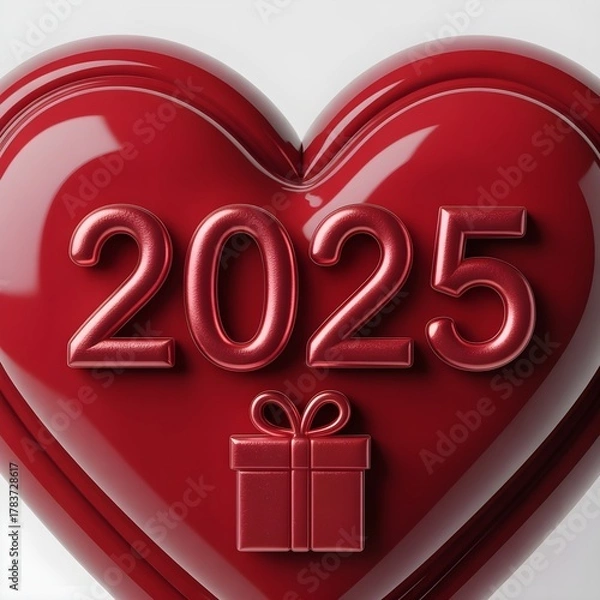 Fototapeta Shiny red heart with 2025 year and gift box symbol for valentine s day or new year celebrations