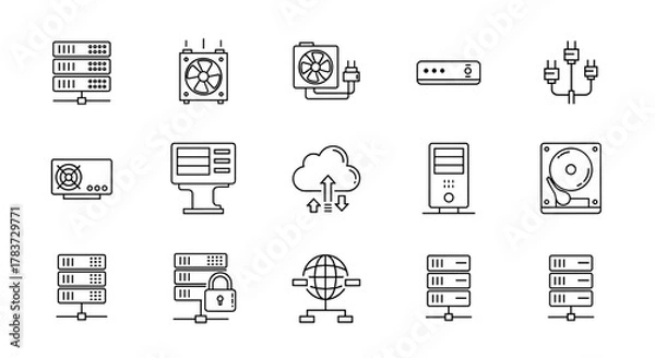 Fototapeta Collection of line icons representing data center equipment and technology, including servers, hard drives, cooling fans, cloud storage, network globes, and security locks, presented on a clean white