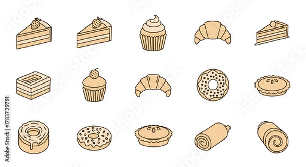Fototapeta Collection of simple, flat design icons representing various cakes and pastries, including slices of cake, cupcakes, croissants, donuts, pies, and Swiss rolls, perfect for infographics, articles