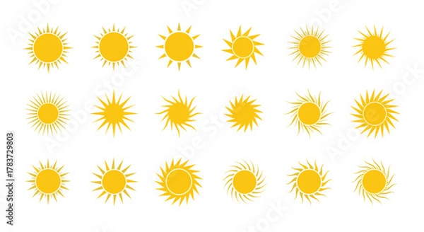 Fototapeta Collection of vibrant yellow sun icons in a flat design style, perfect for logos, weather applications, and graphic design elements. This set features diverse sun star shapes and bright natural
