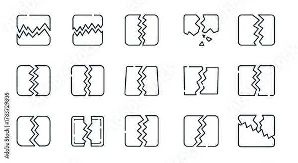Fototapeta Set of 15 line icons representing broken boxes, symbolizing damage, destruction, or separation. These versatile icons are perfect for web design, print materials, and digital applications, conveying