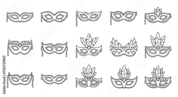 Fototapeta Collection of simple linear outline carnival masks, editable stroke, suitable for websites, books, cards, and apps, vector cartoon illustration with a festive and mysterious feel, perfect for