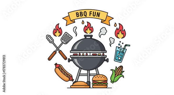 Fototapeta Vibrant and playful illustration of BBQ fun, featuring a classic charcoal grill with sizzling sausages, a hot dog, a juicy burger, corn on the cob, and a refreshing drink, surrounded by flames and