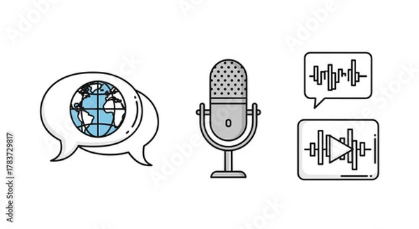 Fototapeta Set of simple outline icons representing global communication and podcasting, featuring a speech bubble with a stylized Earth, a classic microphone on a stand, and audio waveform visualizations in
