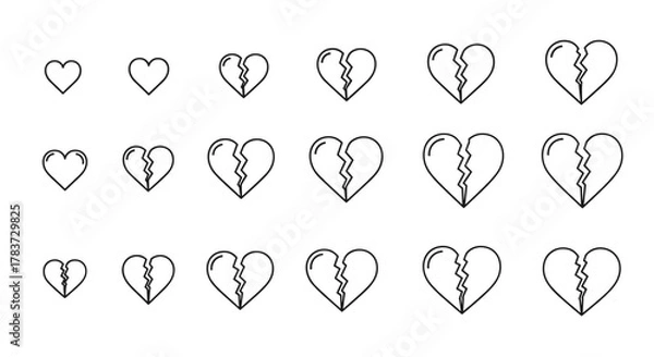 Fototapeta Collection of broken heart outline linear symbols in various sizes, perfect for graphic and web design, apps, adverts, and various cards. This vector cartoon illustration on a white background