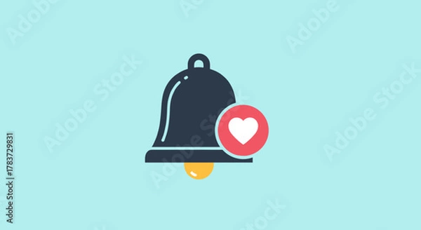 Fototapeta A striking, modern vector illustration of a dark grey notification bell icon, featuring a vibrant red circle with a white heart symbol, signifying likes or favorites, set against a clean, light blue