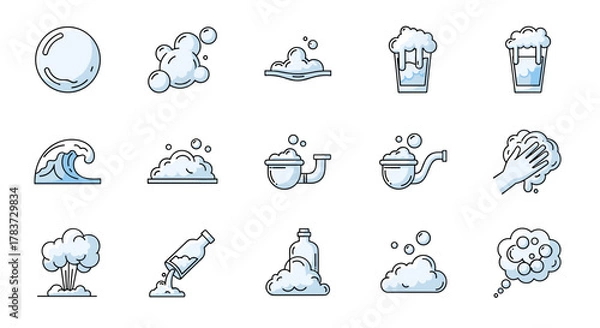 Fototapeta Collection of line art icons representing bubbles and foam, perfect for web, apps, and infographics. Includes a single bubble, clusters of bubbles, foamy waves, beer foam, pipe foam, hand washing