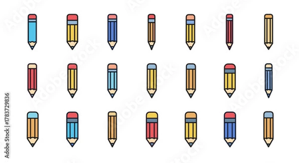 Fototapeta Collection of Vivid, Filled Color Icons of Pencils, Minimalistic Linear Pictograms for Web and Graphic Design, Apps, Banners, Social Networks, and Cards, Vector Illustration with Multiple Color