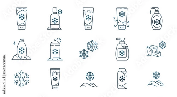 Fototapeta Collection of minimalistic line art icons representing winter skincare and cosmetic products, featuring snowflakes, ice cubes, and frosty textures, perfect for web, graphic design, apps, banners, and