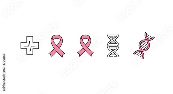 Fototapeta Collection of medical symbols including a cross with a heartbeat line, two pink breast cancer awareness ribbons, and two DNA helix icons, one outlined and one in pink, perfect for apps, websites