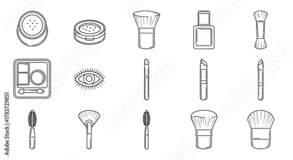 Fototapeta Collection of cosmetic brushes and makeup items in outline style, including powder compacts, eyeshadow palette, eye icon, nail polish bottle, and various brush types like powder, fan, and mascara