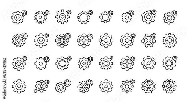 Fototapeta Collection of simple gear and cogwheel icons with editable strokes, perfect for infographics, articles, books, flyers, and banners, representing mechanisms, industry, and technology in a clean vector
