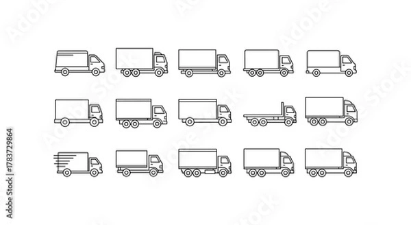 Fototapeta Collection of thin line icons representing various delivery trucks, including box trucks, flatbeds, and articulated lorries, perfect for web, apps, and print design, rendered as editable stroke