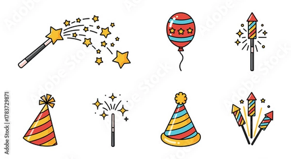 Fototapeta Vibrant Celebration Icon Bundle: Featuring a Magic Wand with Sparkling Stars, a Festive Balloon, a Colorful Holiday Hat, and Dynamic Fireworks, Perfect for Designing Cards, Social Media Posts, and