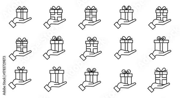 Fototapeta Collection of simple, linear outline icons depicting hands holding gift boxes with bows, perfect for web, books, cards, and apps, representing generosity, surprise, and celebration with editable