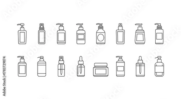 Fototapeta Collection of minimalistic linear icons representing cosmetic bottles and containers, including pump dispensers, spray bottles, dropper bottles, and jars, perfect for web and graphic design, apps