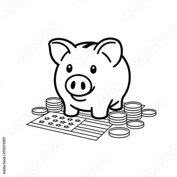 Obraz Cute piggy bank on coins and american flag illustration