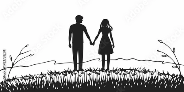 Fototapeta Silhouette of a couple holding hands standing in a field with mountains in the background scenery art
